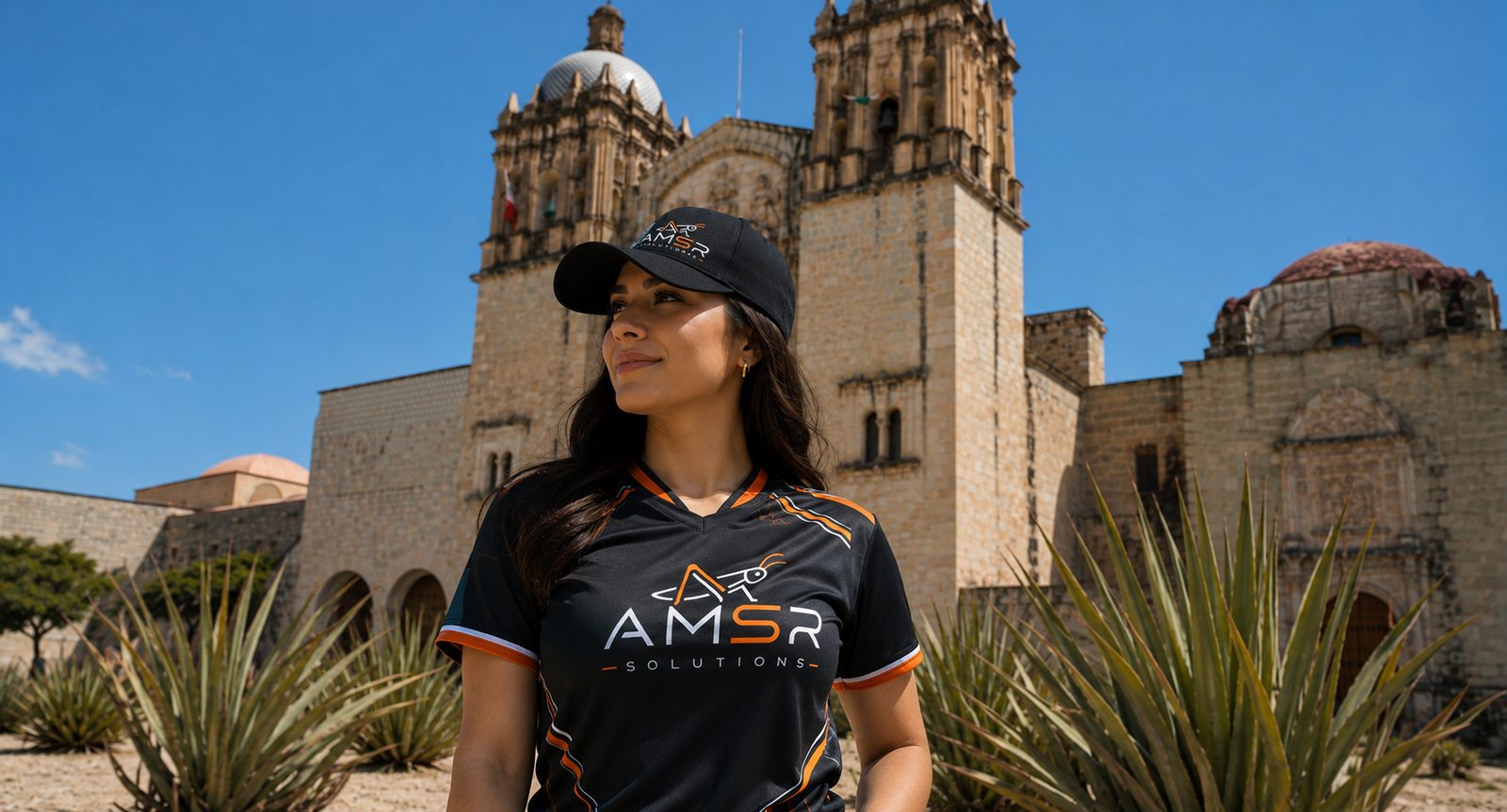 Mujer con gorra y playera de AMSR Solutions frente a la Catedral de Santo Domingo, Oaxaca