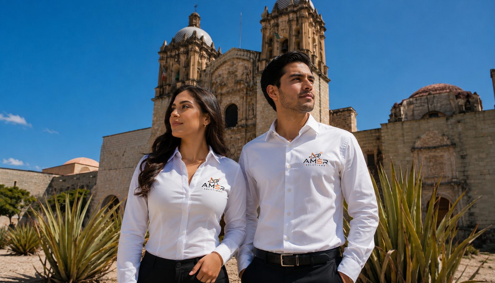 Dos personas con camisa formal blanca de AMSR Solutions frente a la Catedral de Santo Domingo, Oaxaca